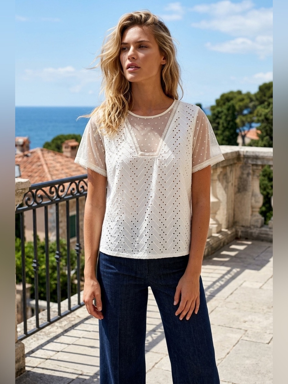 Cato M Cream Eyelet Mesh Flutter Sleeve Blouse